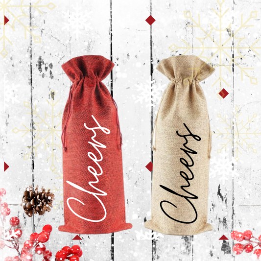 Cheers Burlap Wine Bag