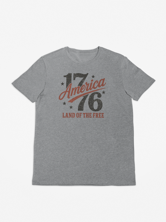 Gray t-shirt with 'America 1776 Land of the Free' text design on a white background